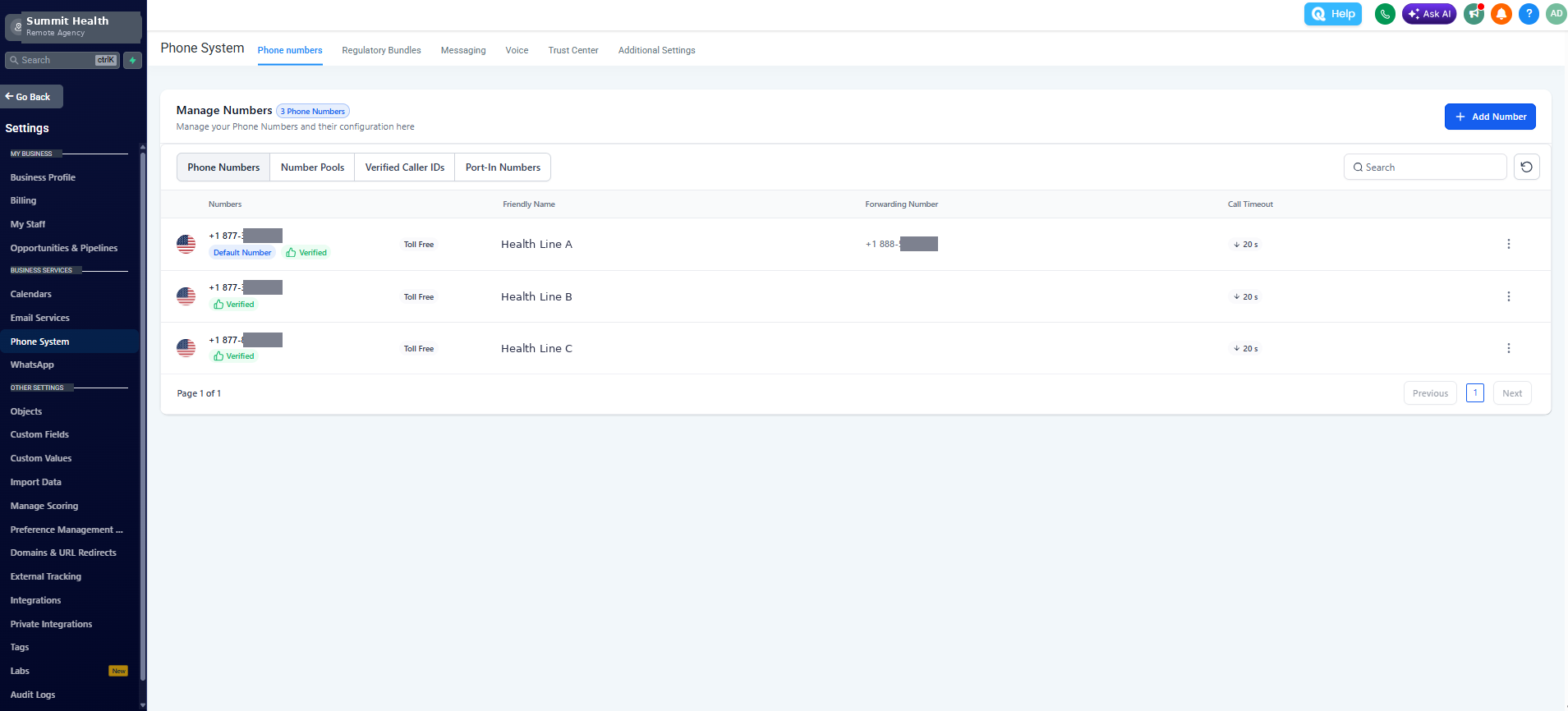 QBase phone number management showing verified toll-free numbers with forwarding and call timeout settings